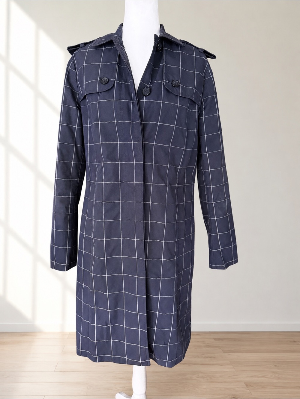 Brooks Brothers Women’s Navy Windowpane Plaid Trench Coat Size 4